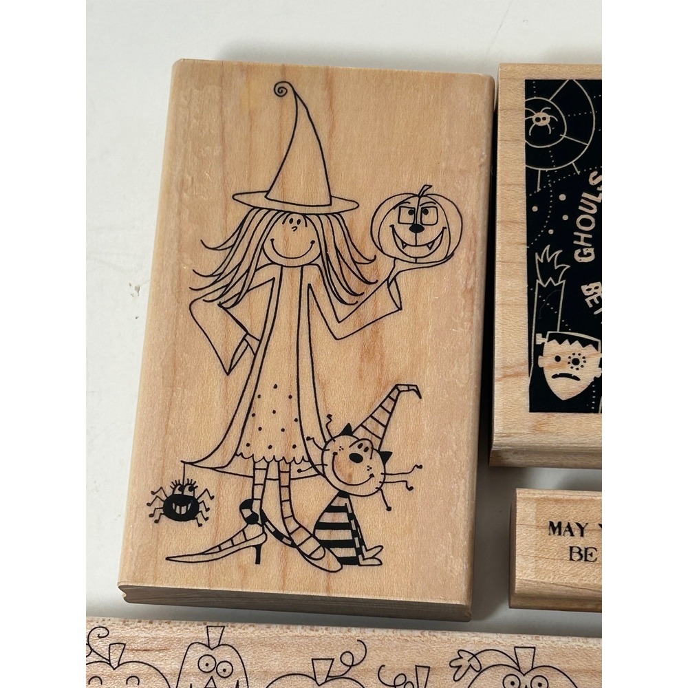 Stampin Up Halloween Wood Mounted Rubber Stamp Set Witch Pumpkin Goblin Eek 6pc - Picture 2 of 10